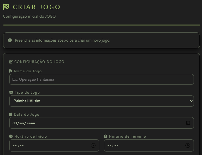 Início do formulário Criar jogo com aviso de preenchimento, seção Configuração do Jogo, Nome do Jogo, Tipo do Jogo, Data do Jogo, Horário de Início e Horário de Término.
